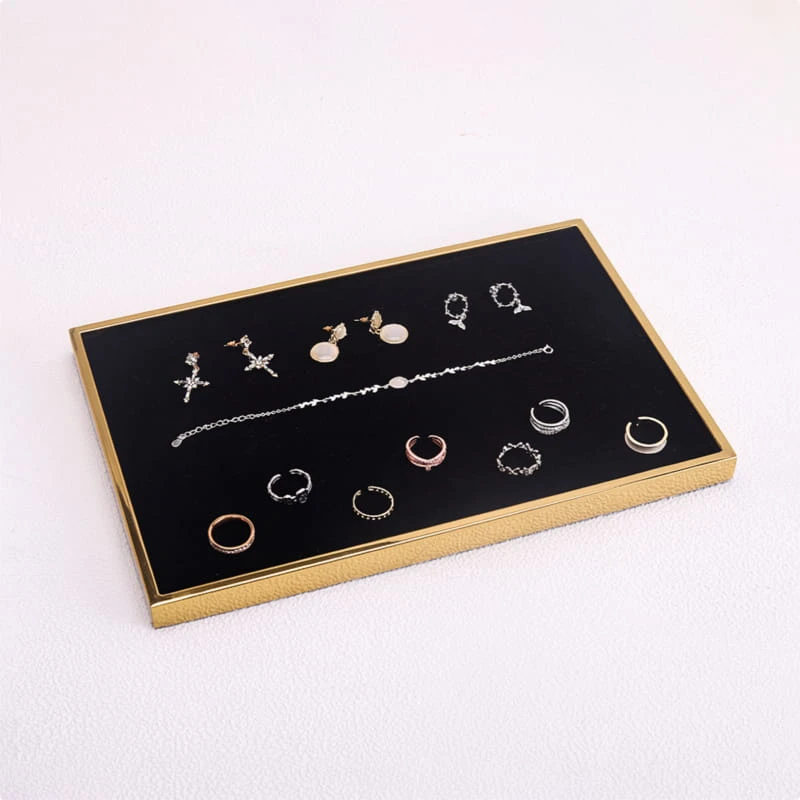 Plateau d'Exposition de Bijoux en Velours Noir avec Cadre Doré Champagne